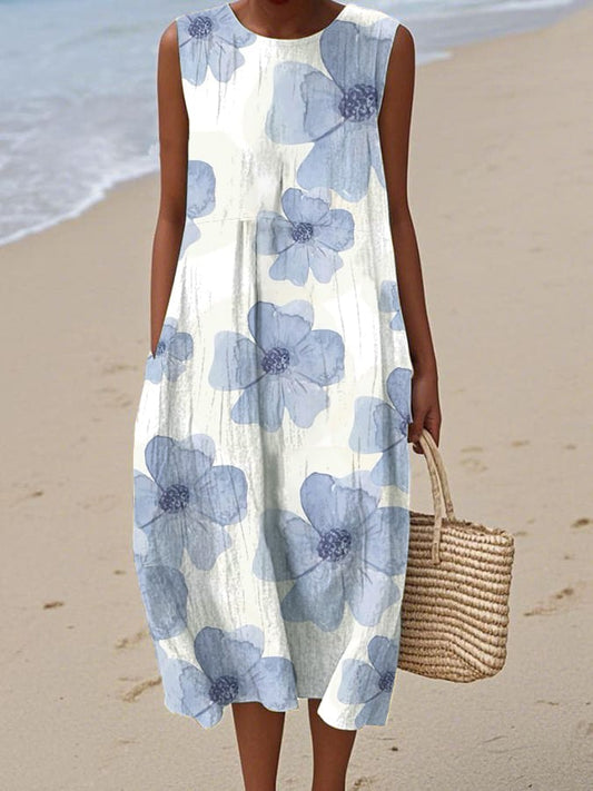 Vestido Floral Sin Mangas con Cuello Redondo para Mujeres